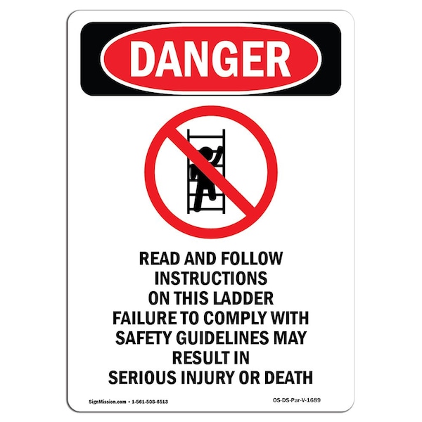 Safety Sign, OSHA Danger, 24" Height, Aluminum, Read And Follow Instructions, Portrait